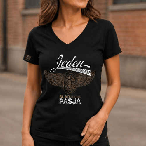 Koszulka-motocyklowa-damska-JEDEN-SLAD-JEDNA-PASJA - Przód
